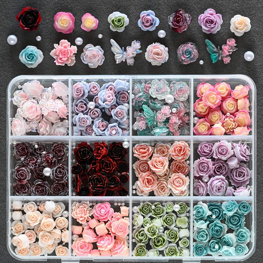 E-shop 3D Harz-Nagelcharms mit flacher Rückseite, Rosen & Kamelien, geeignet für Hochzeit, Braut-Maniküre, Nagelkunst-Dekorationen – Rosen mit flacher