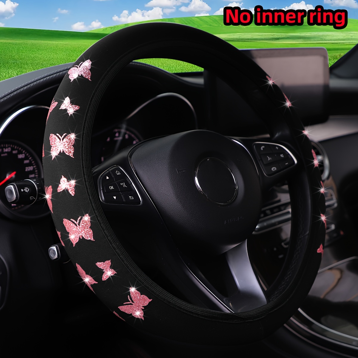 

Glitter Butterfly Steering Wheel Cover, Durable Polyester Fabric, Non-slip Grip, No Inner Circle, Fits 14.5-15 Inch Steering Wheels