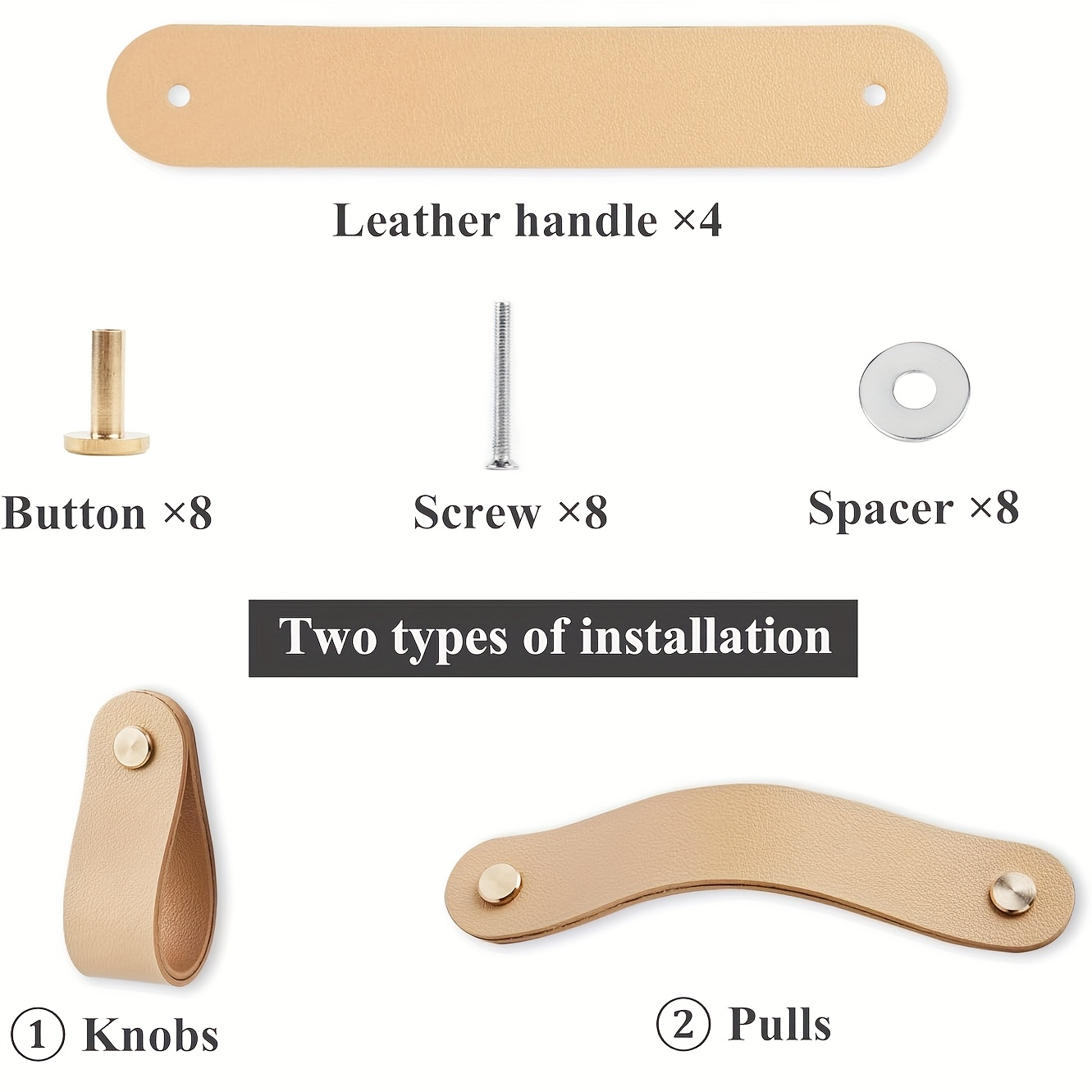 TEMU 4pcs Set Handmade Vintage Leather Furniture Handles With 8 Brass Buttons - Kitchen Wardrobe Bathroom Vanity Dresser Drawer Cabinet Door Handles