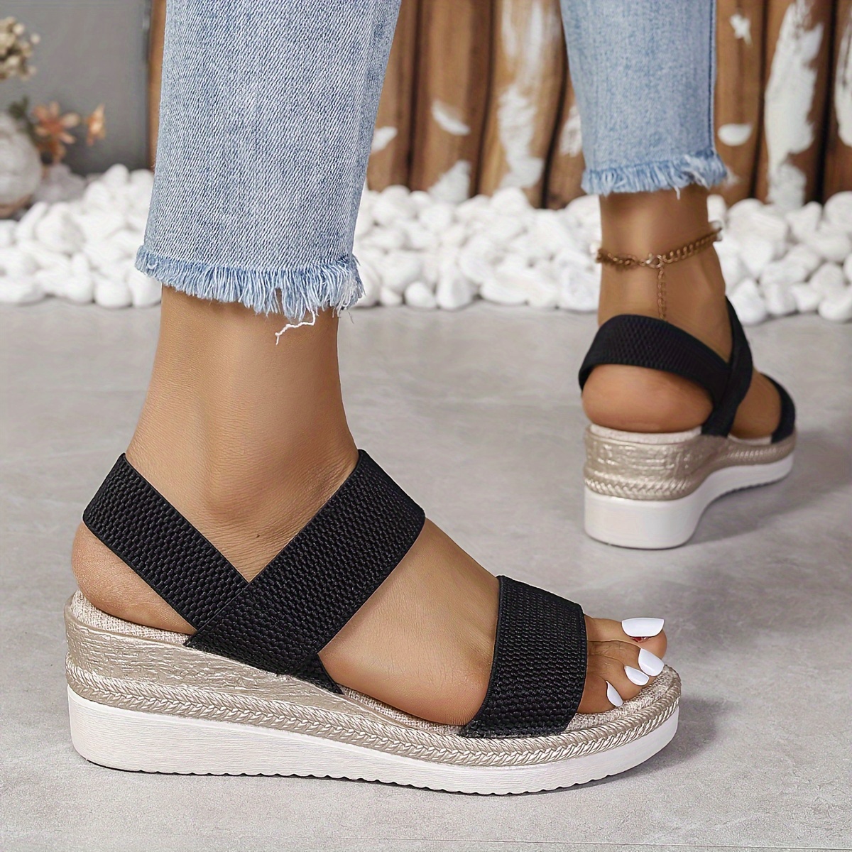 casual wedge sandals women s round open toe elastic band details 1