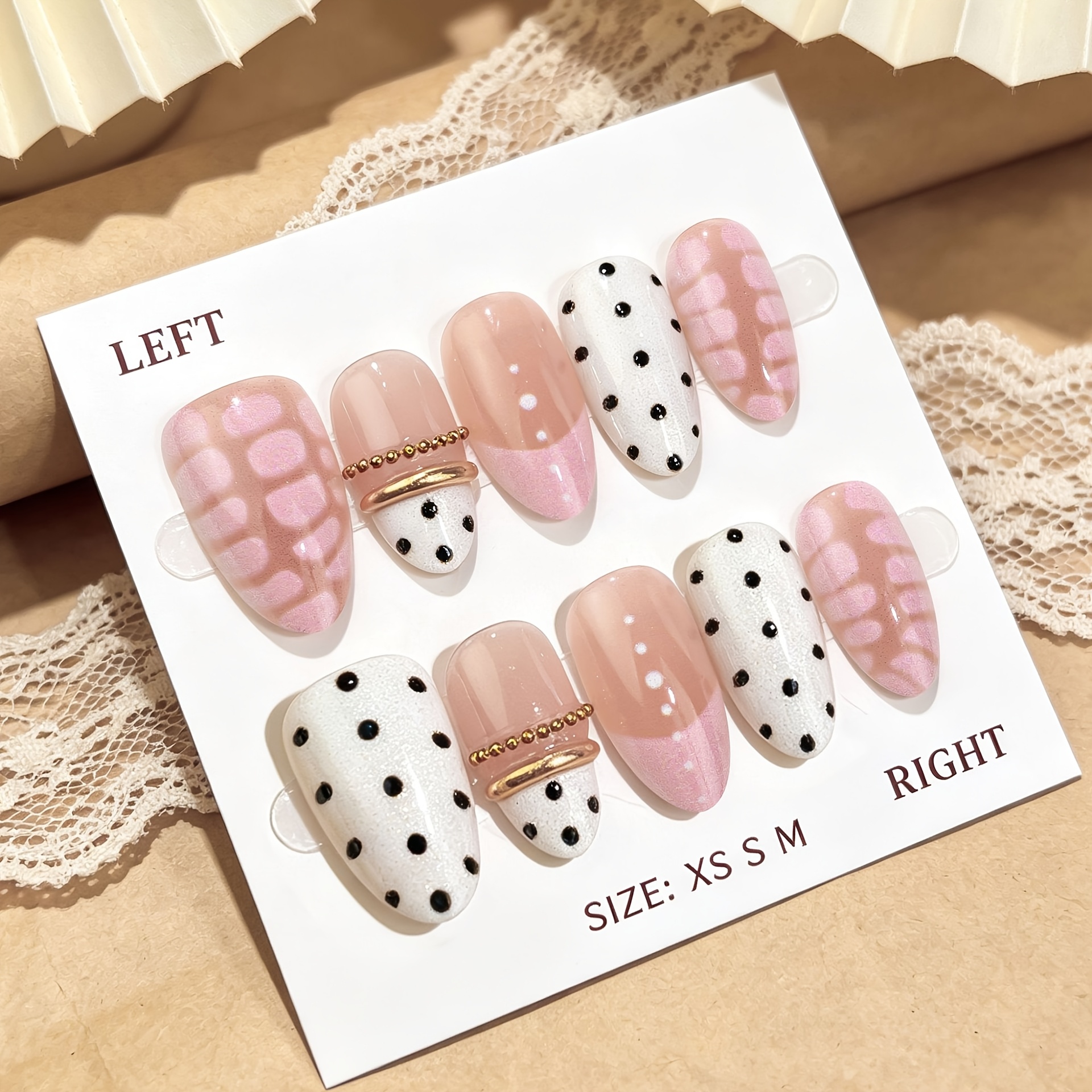 TEMU 10pcs Danartlux Almond Press-on Nails For Women, Sweet Pink Nude Fake Nails, Black Polka Dot Print, Pearl And Decor, Pink Pattern, Natural Gloss