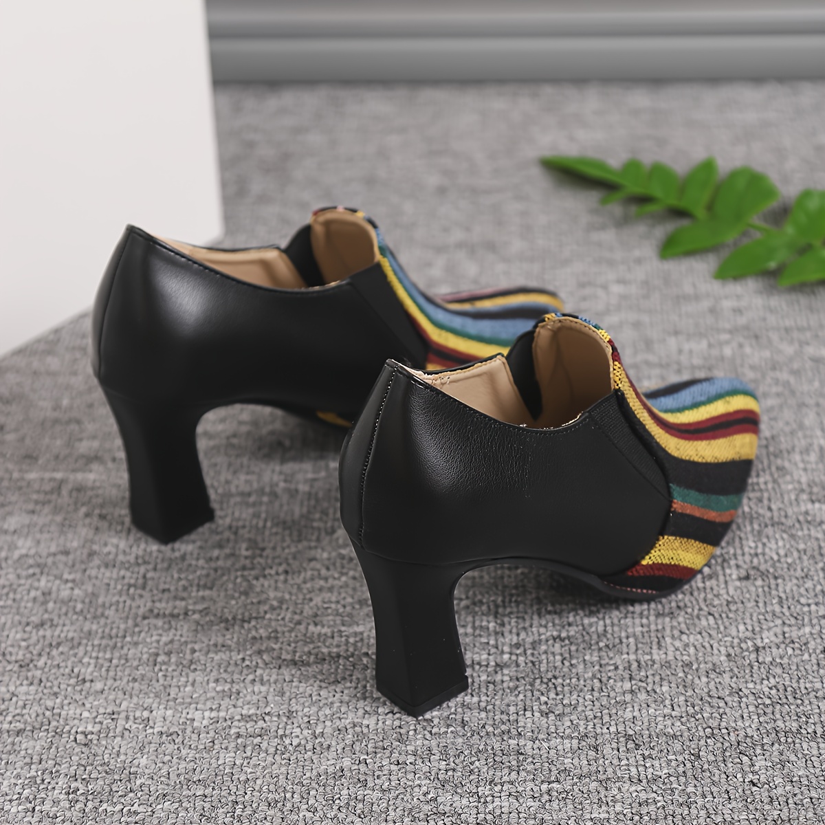 Women's Retro Chunky High Heel Mary Jane Shoes - Pointed Toe with Multicolor Striped (Rainbow/Black) Faux Cover Upper, Comfortable Block Heel & TPU Sole, All-Season Versatile Dress Shoes for Casual & Formal Events