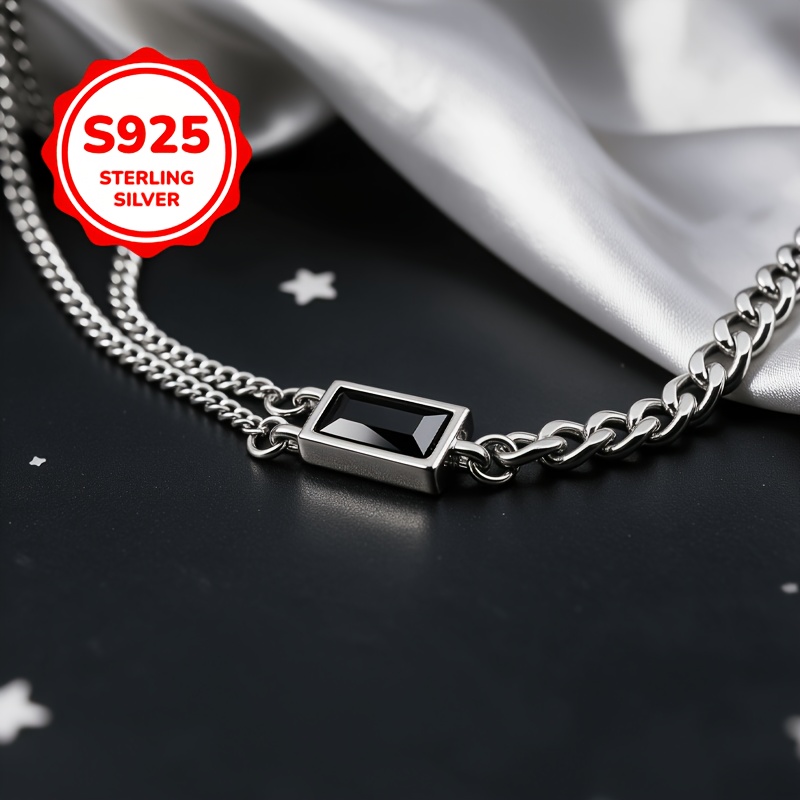 925 Silver Black Square Clavicle Chain Necklace