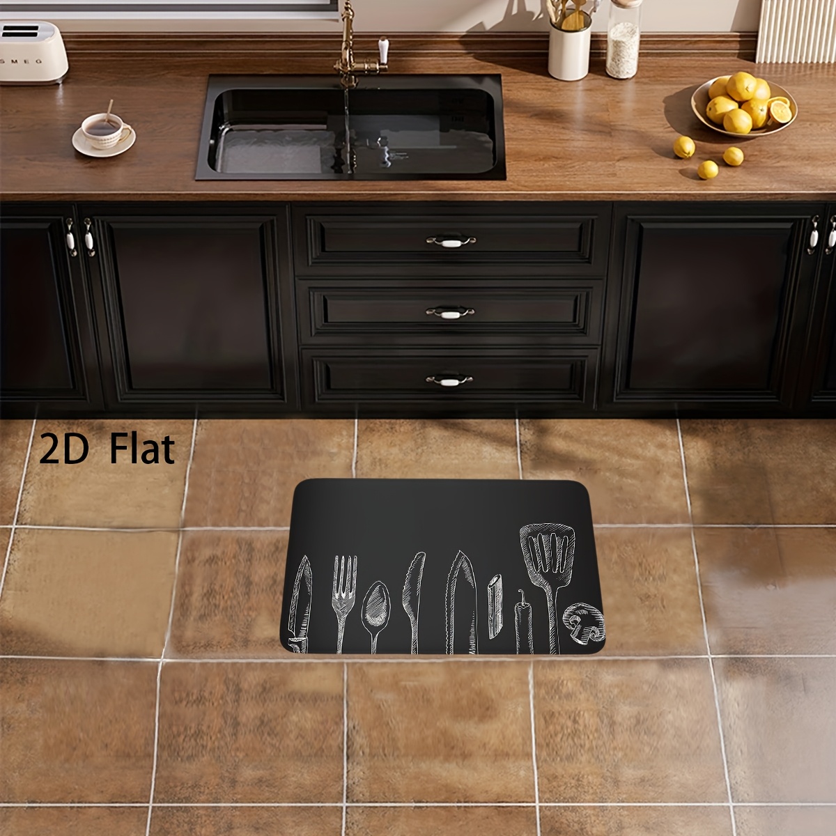 Image of Jit1pc Thick 1.1cm Kitchen Mat, Featuring A Gray Tableware Pattern Print. This Mat Is Thick, Durable, And Suitable For The Kitchen, Living Room, Hallway, Balcony, And Home Decor