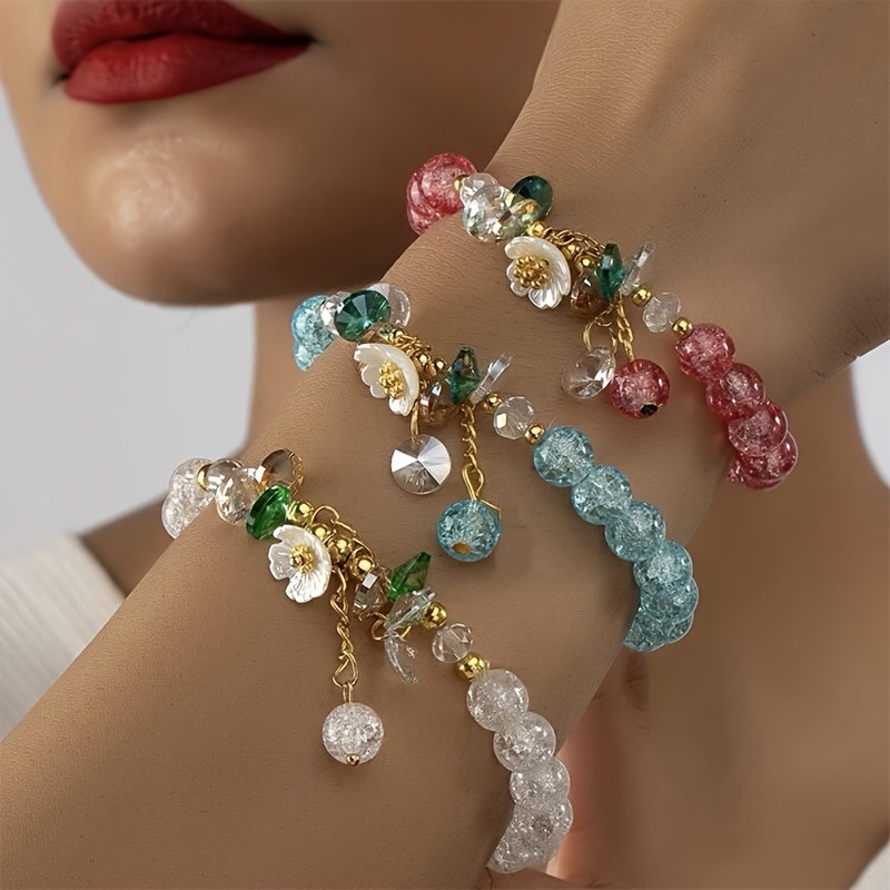 

Boho Chic 3-piece Flower Bead Bracelet Set - Adjustable, Elegant Handcrafted Jewelry For Everyday Wear & Gifting