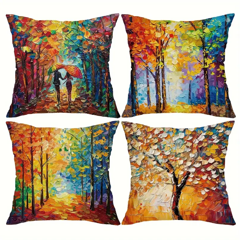 4pcs geometric oil painting tree throw pillow cover abstract tree decorative pillow cover home decor sofa sofa living room bedroom double sided printing polyester material no pillow core Product details 1