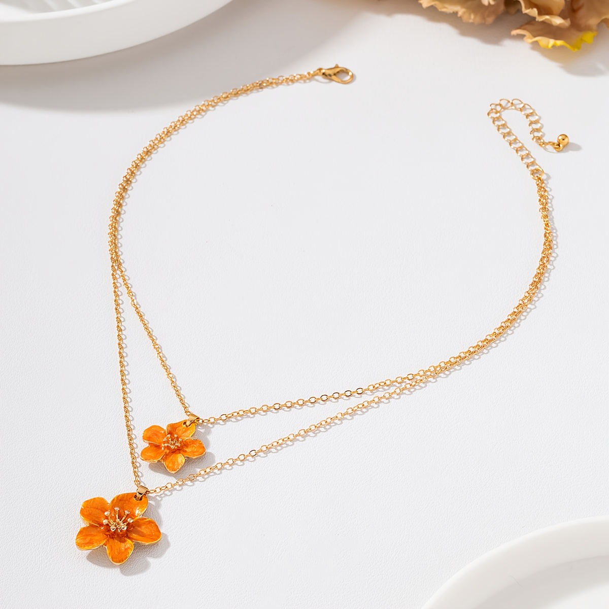 Women's Handmade Orange Enamel Egg Flower Pendant Necklace
