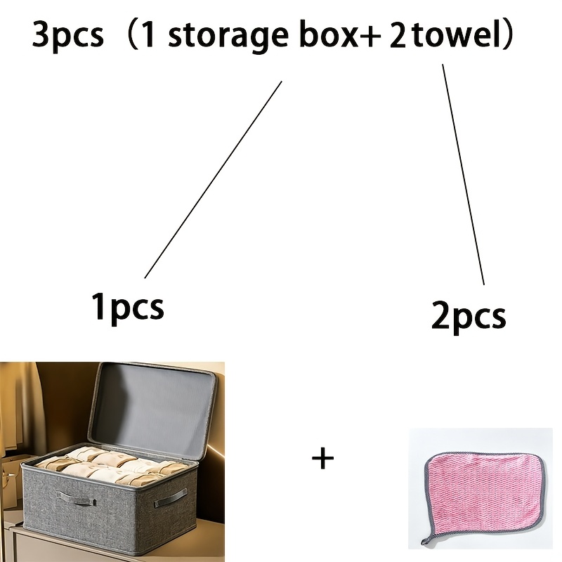 TEMU 3pcs Set(1 Storage Box+ 2 Towel), Stackable Storage Bins, Space-saving Organizer Boxes Suitable For Wardrobes And Bedrooms, Can Store Books,