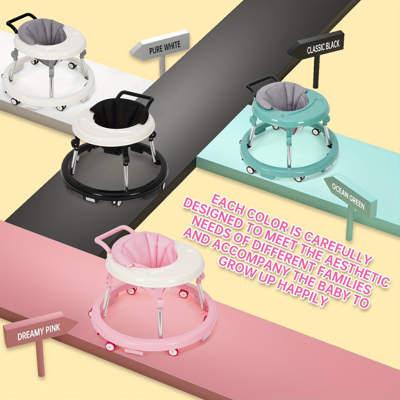 Baby Walker Foldable with 9 Adjustable Heights, Baby Walkers And Activity Center for Girls Boys, Baby Walker And Bouncer Combo with Wheels Portable Anti-Rollover