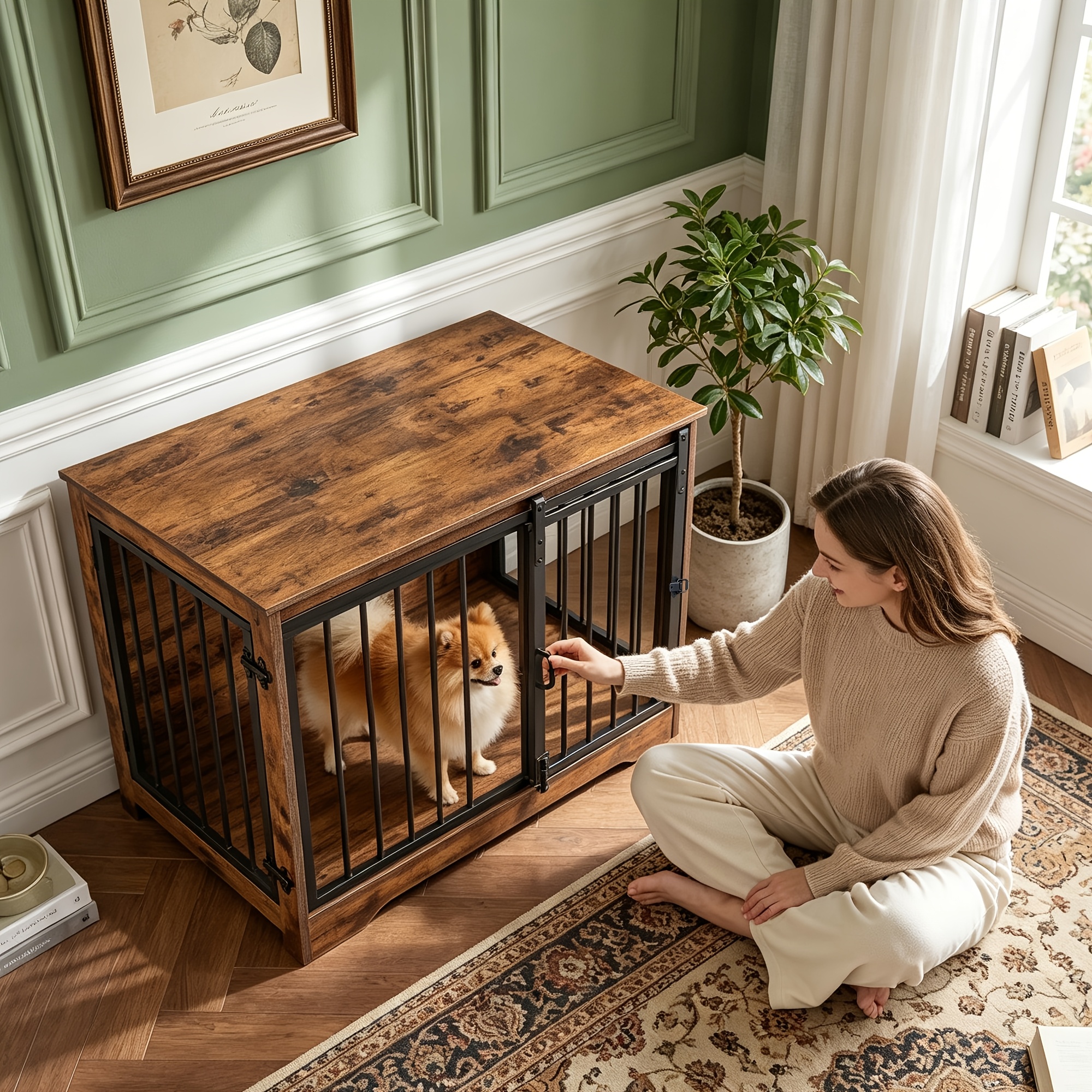 Image of 82cm Wide Wooden Dog Crate Furniture, Double-door Design, Designed For Small To Medium-sized Dogs, Indoor Dog Bed, Multi-functional Furniture Dog Crate 56 X 81 X 68.5 Cm
