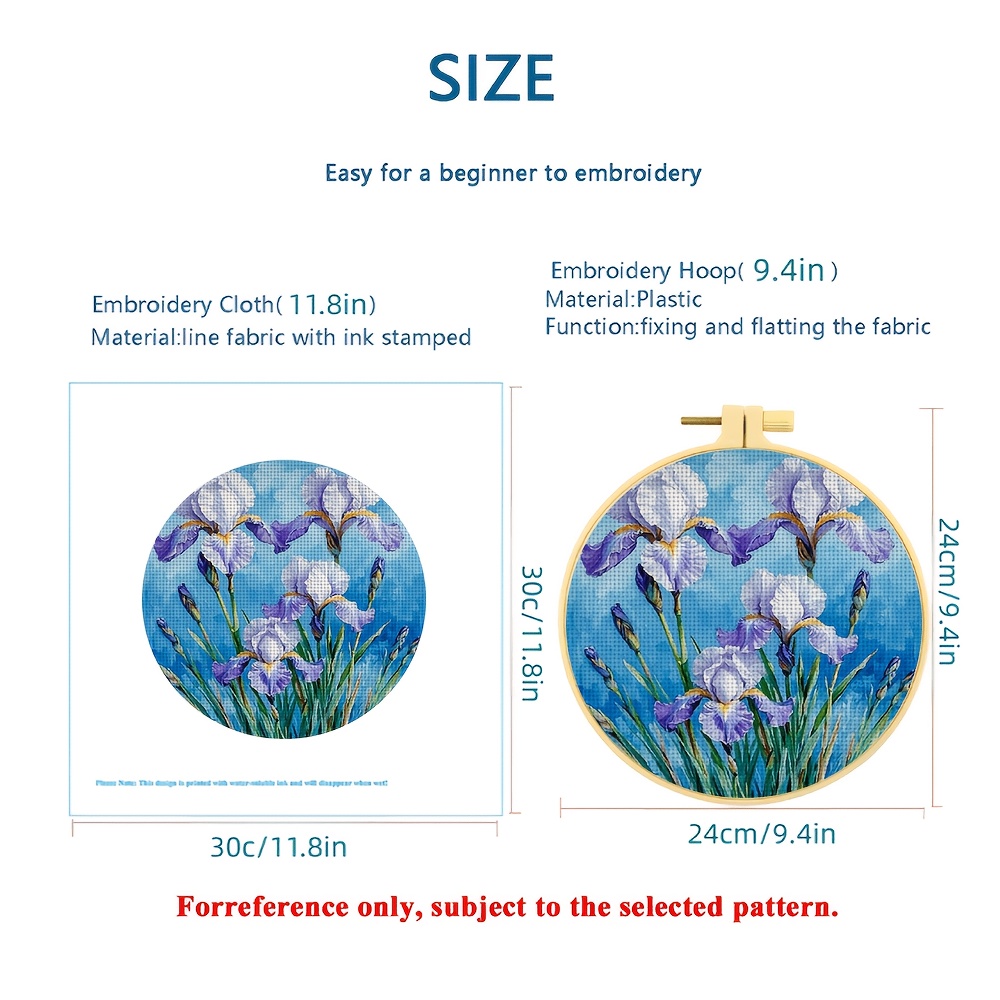 Embroidered Hoop Adult Cross Stitch Printed Kit, Blue Background Iris Blooming