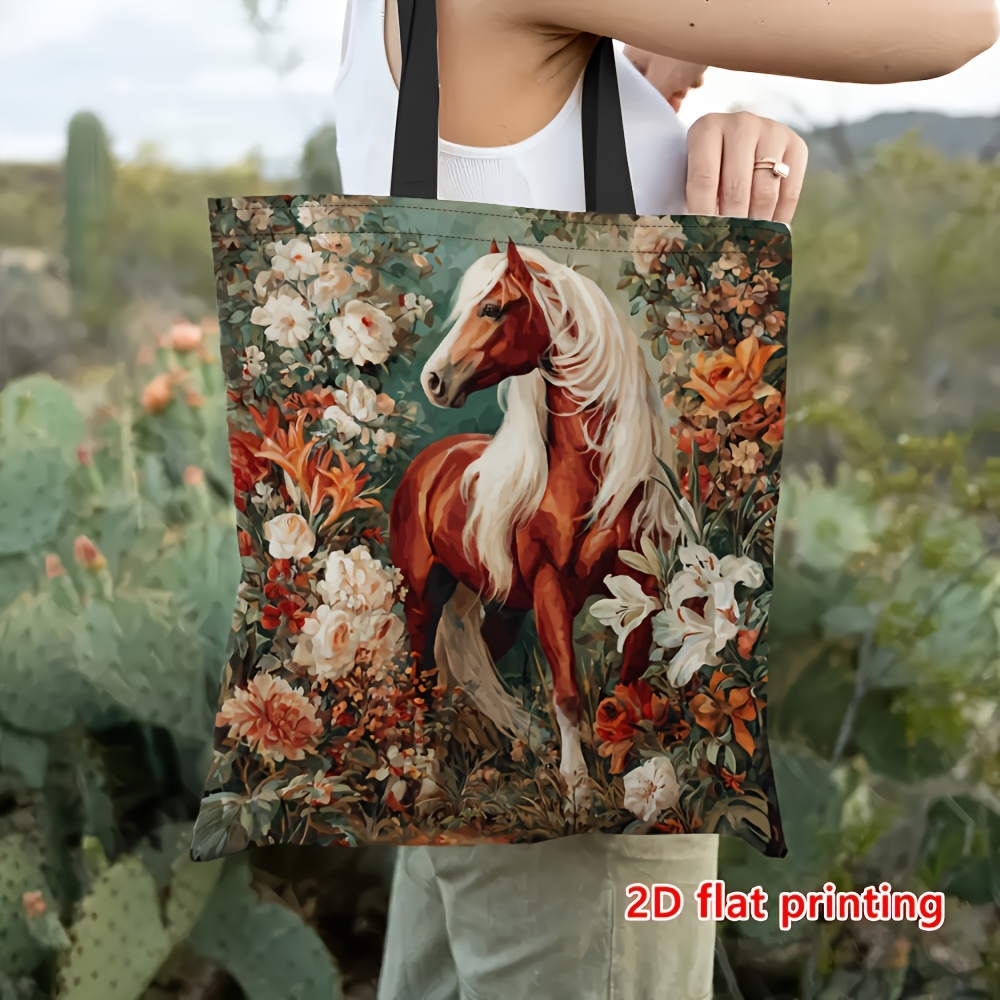TEMU 1pc Vintage Floral Print Tote Bag, Unisex Style - Floral And Horse Pattern Large Capacity Handbag, Casual For Gym, Picnic, Travel, Beach And
