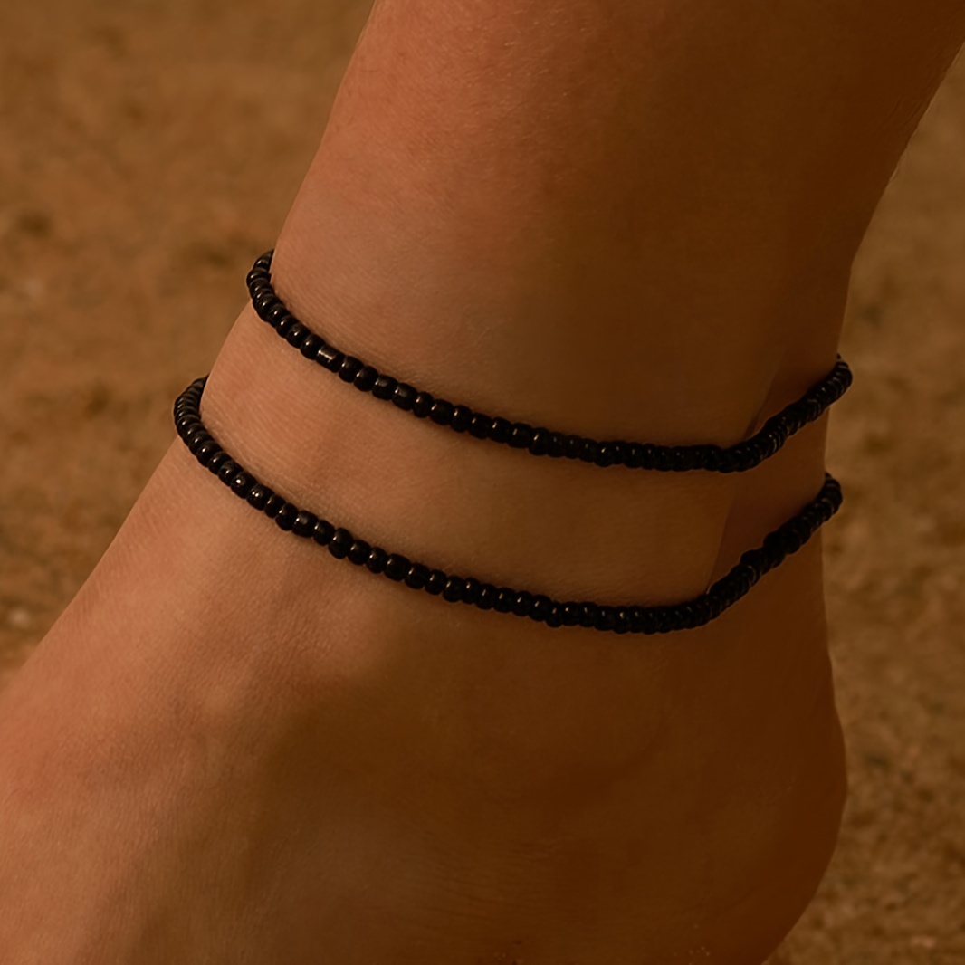 2pcs/set Black Mini Rice Beads Beaded Anklet Set Boho Style Summer Beach Anklet Bracelet Elastic Foot Jewelry For Women Vacation Decoration