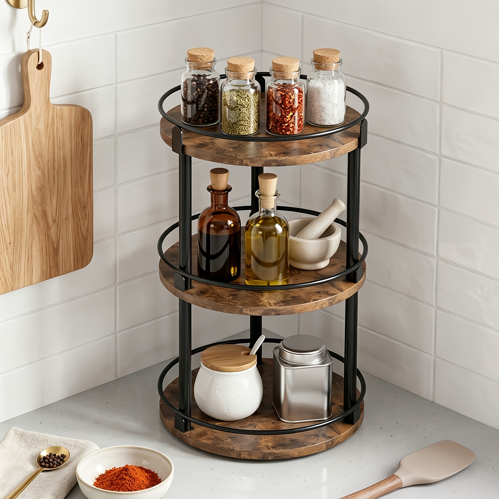 3-tier Large Capacity Rotating Spice Rack, Smooth 360° Access Lazy Susan Organizer, Space Kitchen Storage With Durable Wood & , Kitchen Turntable Organizer For Countertop Cabinet