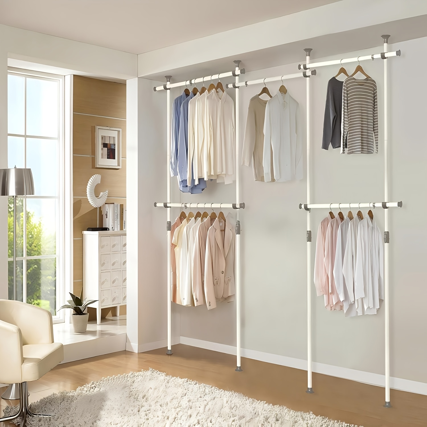 Image of Telescopic Wardrobe, Floor-to-ceiling Clothes Rack, With 6 Rods & Grab Arm, 3-level Height Adjustable, 2 Removable Shelves, Space- Closet Replacement For Renters, For Mother's Day, Standing Shelf