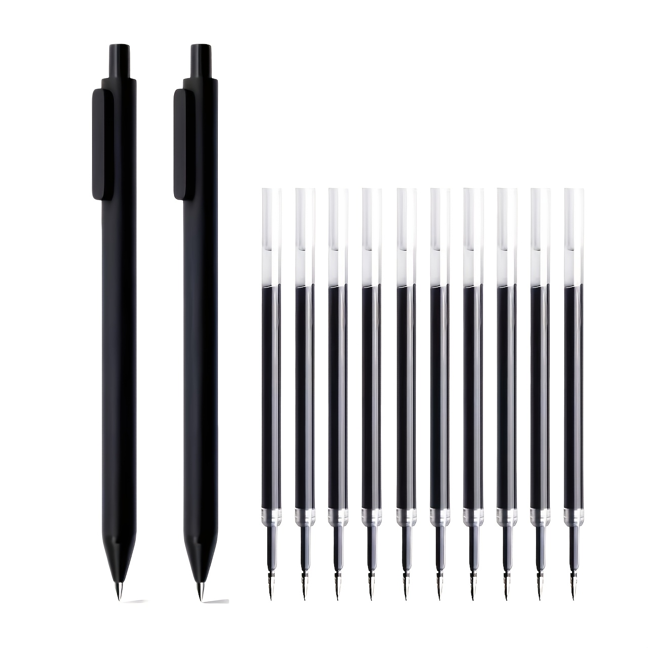 TEMU Lot de 12 stylos gel noirs (2 stylos + 10 recharges), pointe fine 0,5 mm, , mécanisme à rétractable | Design minimaliste noir uni, idéal pour de