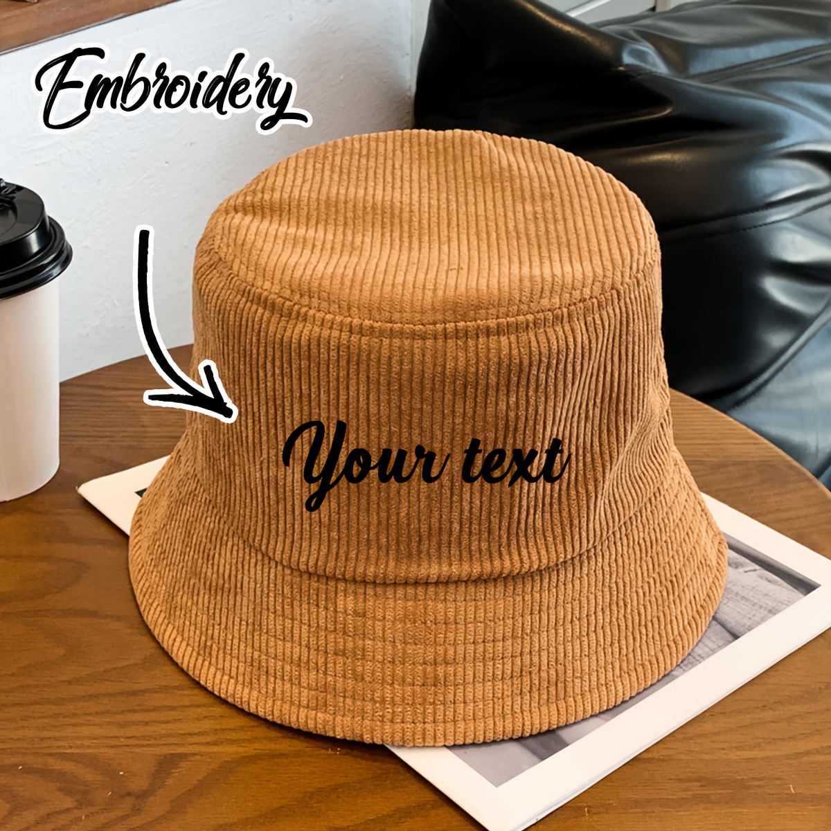 TEMU [customized] 1 Plain-colored Corduroy Bucket Hat With Customizable Embroidered Content, Personalized And Versatile Everyday Casual Bucket Hat