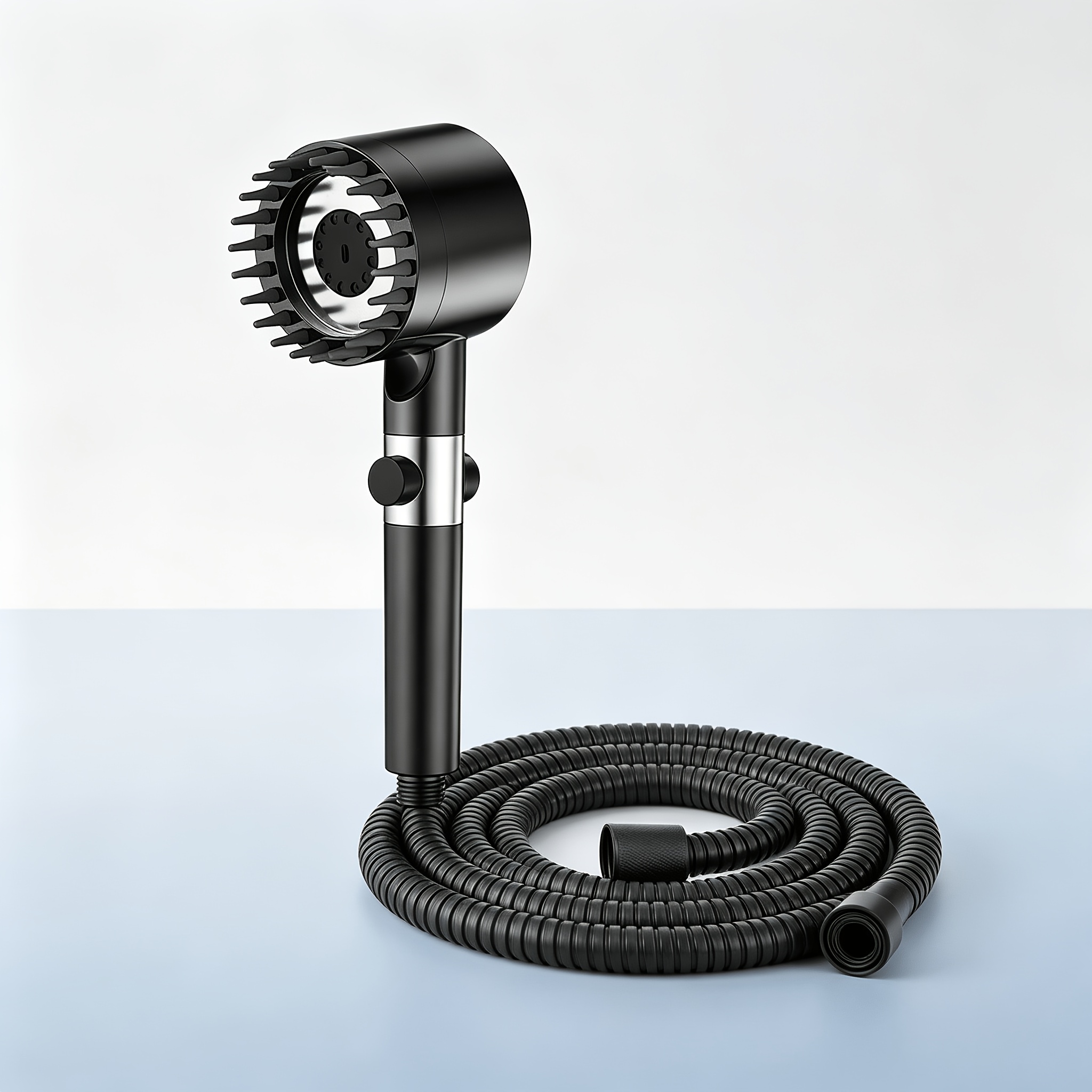 Image of Black Handheld Shower Head With Massage Brush, 1.5m Protective Shower Hose Complete Shower Set For Shower Use