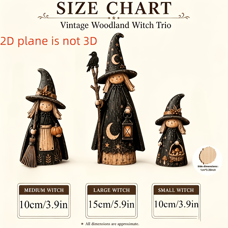 TEMU Ornements d'Halloween en bois, trio de sorcières de forêt plates rétro 2D, ensemble de 3 figurines de sorcières de style champêtre avec