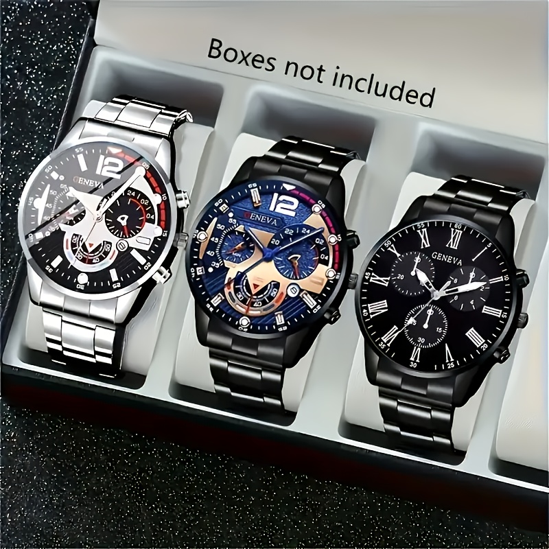 3 piezas Conjunto de reloj de cuarzo simple, esfera redonda, caja de aleación de aluminio, alimentado por batería, batería de botón no recargable, estilo de moda casual
