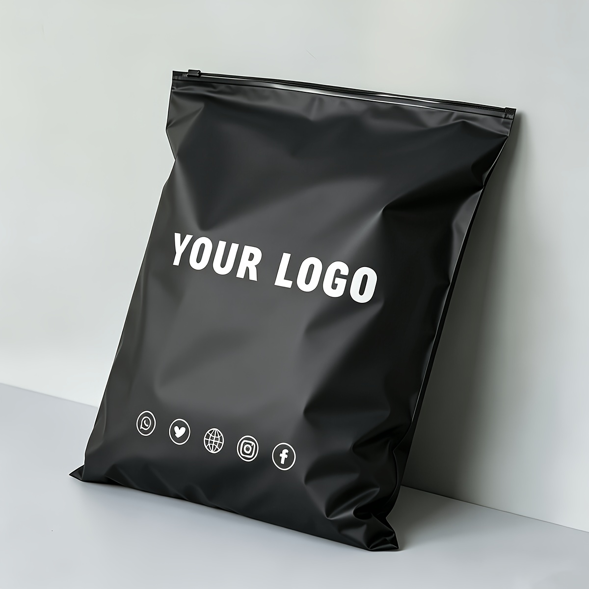 TEMU Custom Logo Plastic Packaging Bag, Black Opaque Matte Frosted Sealable Pouch, Clothing Storage Bag With Zipper, Thickened 16 Mil, Smooth Zipper,