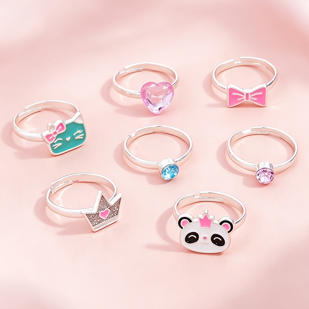 TEMU 7pcs Cute Cat Panda Bow Heart Crown Adjustable Rings, Colorful Kids Jewelry Rings Set, Best Friend Friendship Gifts For Girls Daughter