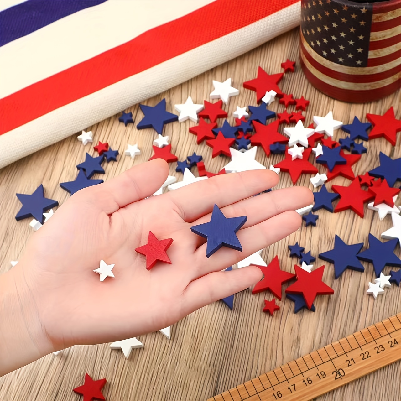 

120pcs, Decorative Wooden Star Craft Red, White, Blue Decorative Vase Filling Bowl Filler Hollow Layered Tray Decoration Suitable For Independence Day On July 4th