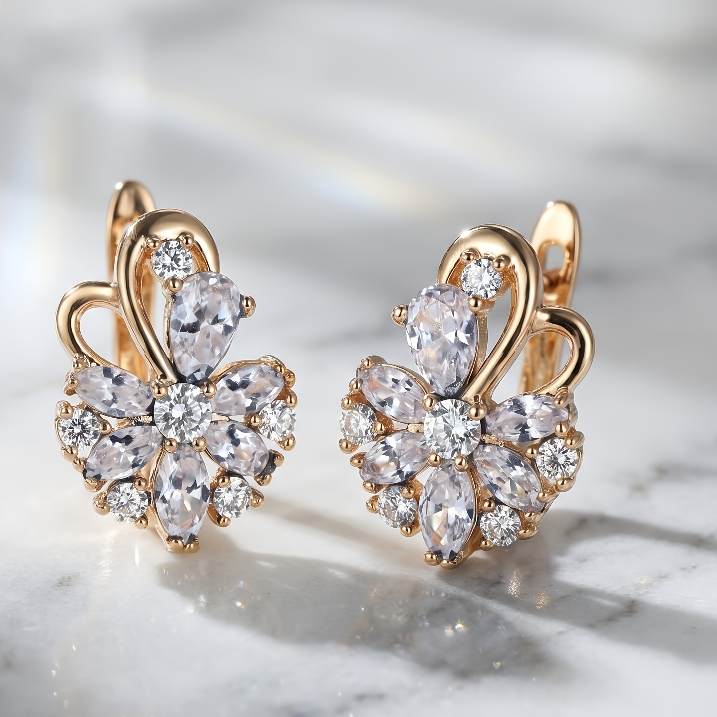 TEMU Women's Floral Dangle Earrings, Pear-shaped Cut Square Zirconia Flower Bow Earrings, Elegant And Exquisite Lever-style Back-hook Earrings,