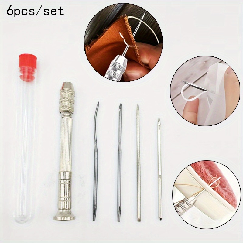 E-shop 6-teiliges Legierung Leder Nähspitzen Set, inklusive Legierung Griffe, 4 austauschbare Nähnadeln und eine Nadel Aufbewahrungsflasche. Geeignet