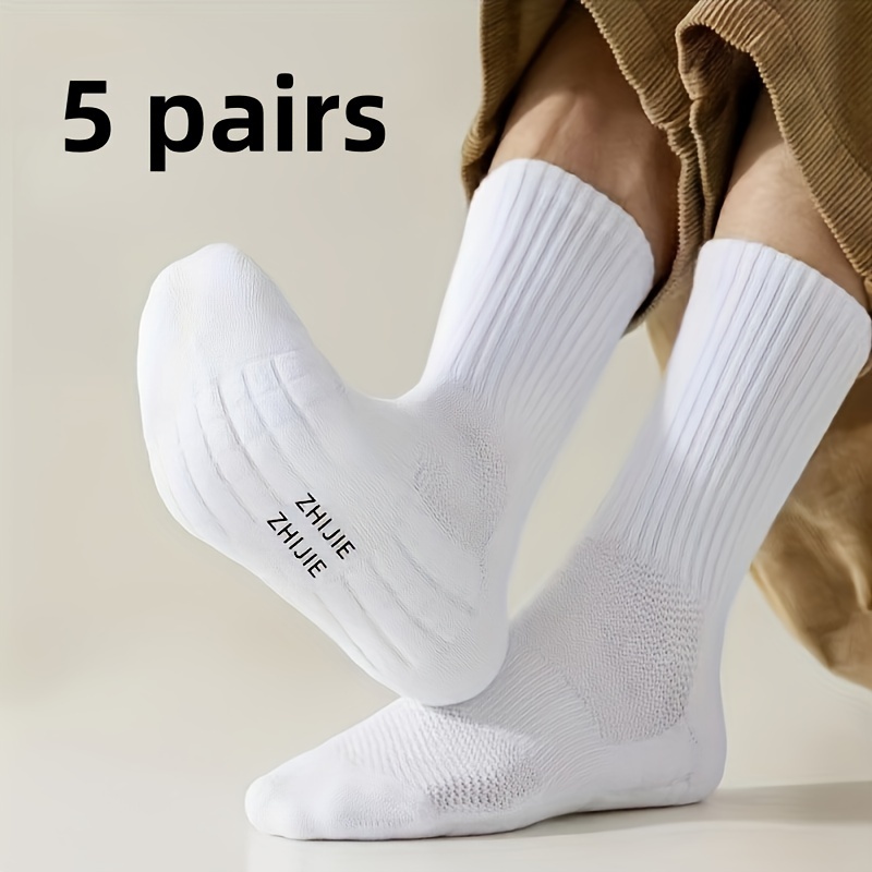 

5 Pairs Of Unisex Socksmen's Mid Crew , Sweat-absorbing Towel Bottom Comfy Breathable Socks For Men's Basketball Training, Activities