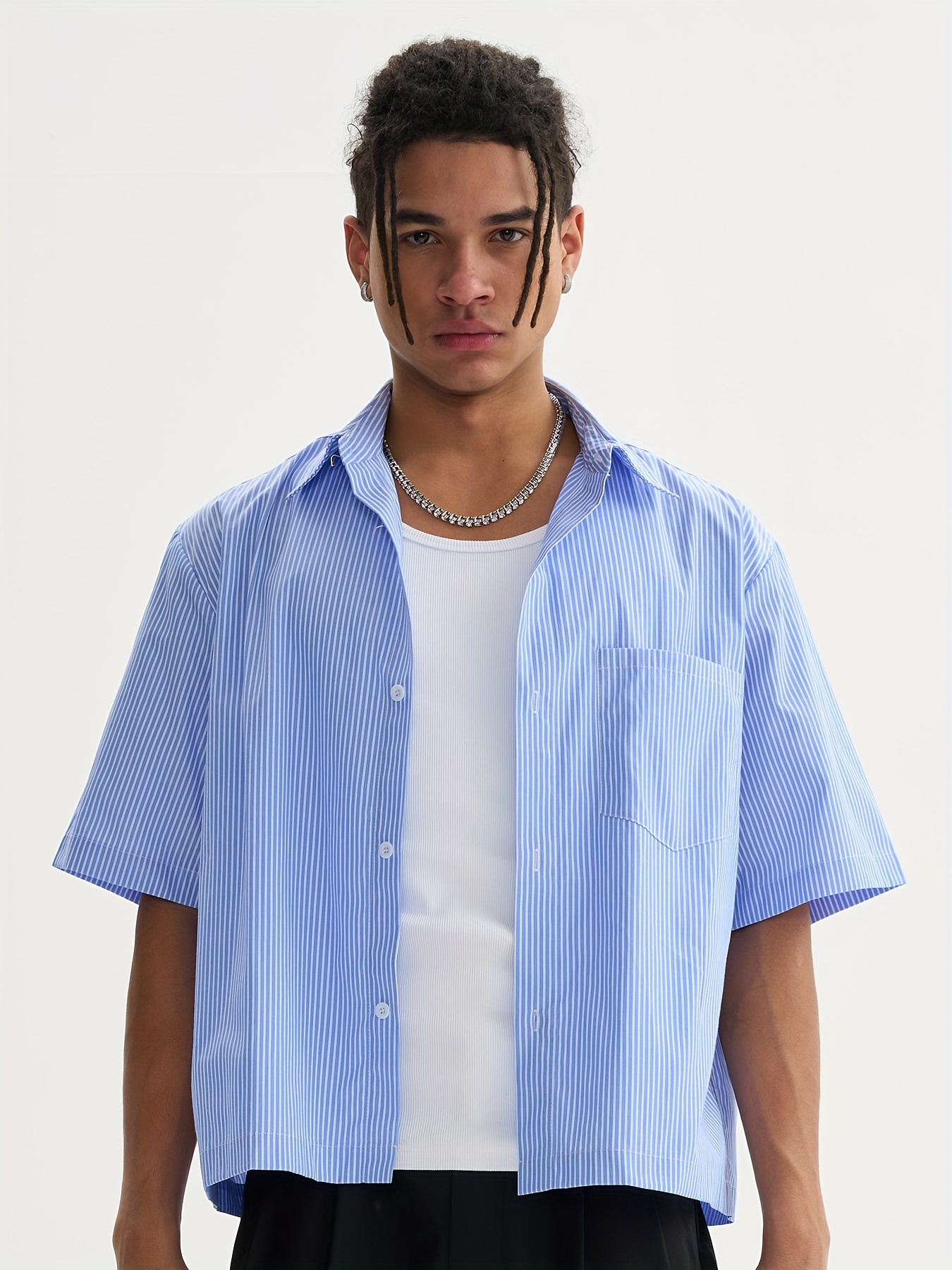 unisex casual striped shirt oversized loose fit short sleeve with chest patch pocket lightweight polyester fabric   everyday beach party   jasmine   casual attire chic   nontransparent fabric 0