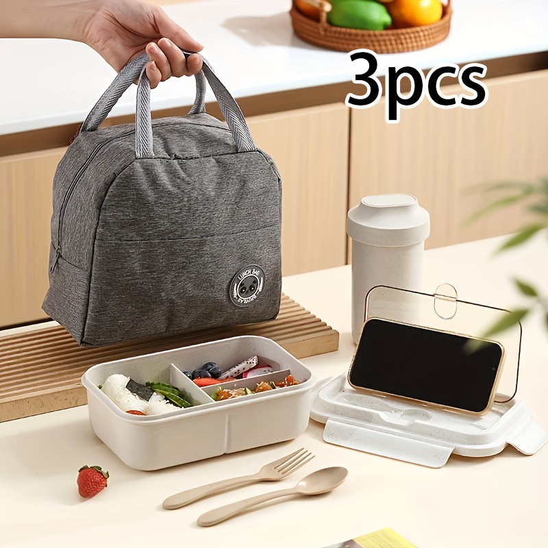 

3pcs/set Lunch Box Set, Wheat Fiber Lunch Box, Insulation Bag, Soup Cup/water Cup Set, High-value Lunch Set, Microwaveable Heating, Portable Bento Set For Study, Work, Low-calorie, Ladies' Diet