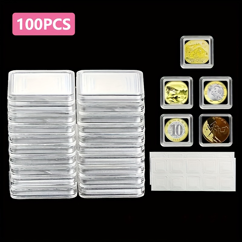 

100pcs Transparent Plastic Universal Coin Box, Single Commemorative Coin Protection Box, Coin Storage Box, Square Collection Box, Zodiac Coin Storage Box, Universal Coin Protection Box