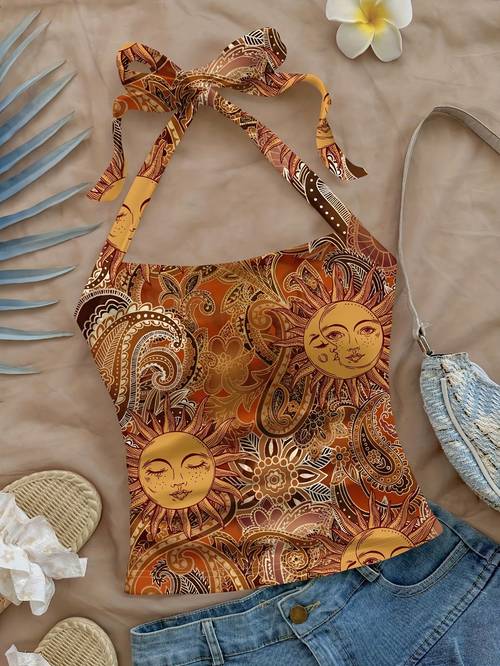 womens paisley all halter neck tank top high sleeveless summer top with back tie detail machine washable casual beachwear for seasonal fashion nontransparent fabric