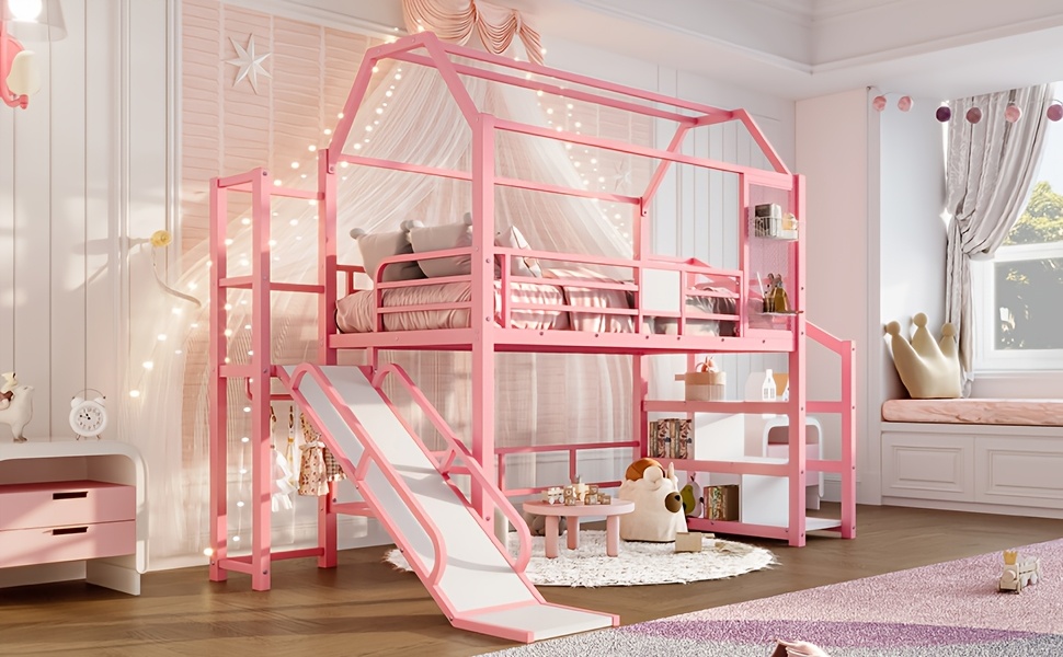 BELLEMAVE 2-1 Twin Loft Bed with Slide And Stairs, Metal Playhouse Bed with Storage Shelves, House-shaped Loft Bed And Noise-free Design, Pink