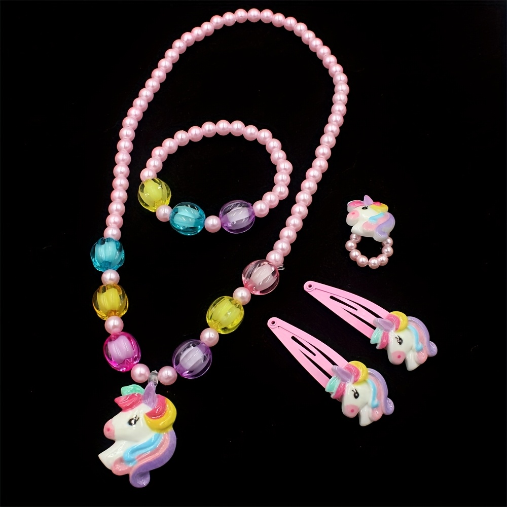 

1 Set Handcrafted Unicorn Beaded Jewelry Kit - Cute Animal-themed Plastic And Resin Necklace, Bracelet, Ring, And Hair Clips Set For Gift