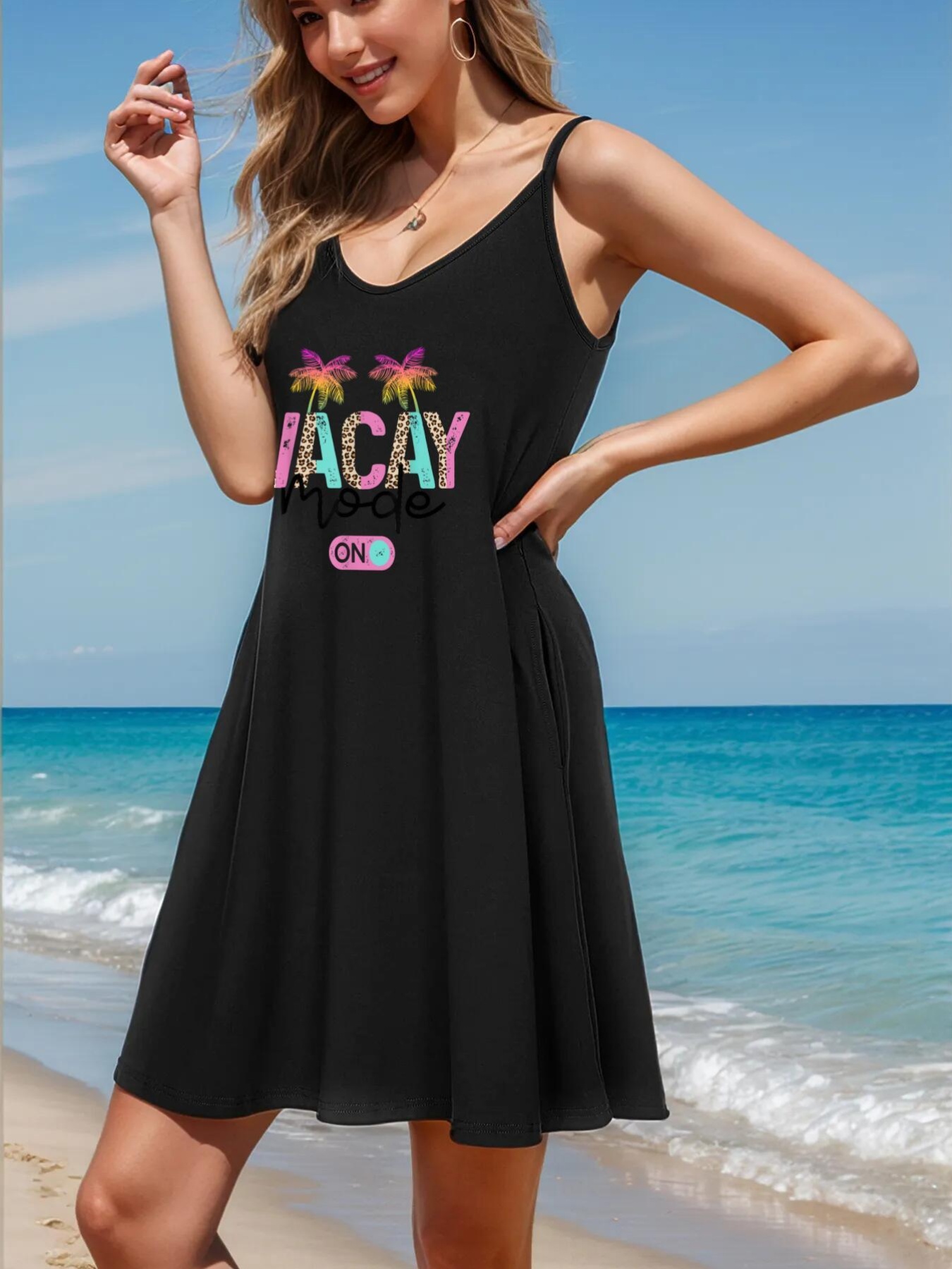 womens elegant v neck spaghetti suspender dress   tree   print black with pink purple accents lightweight machine washable for beach vacations summer   casual   spaghetti strap summer dress vacation outfit fitted holiday wear