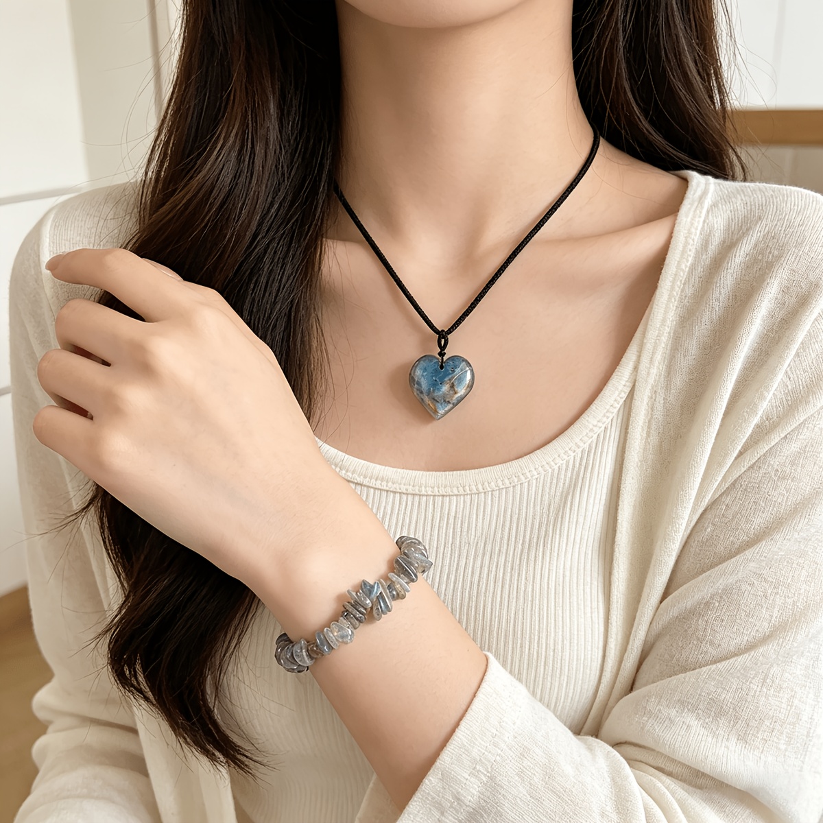 Natural Labradorite Heart Pendant & Chip Bracelet Set, Luxury Gift
