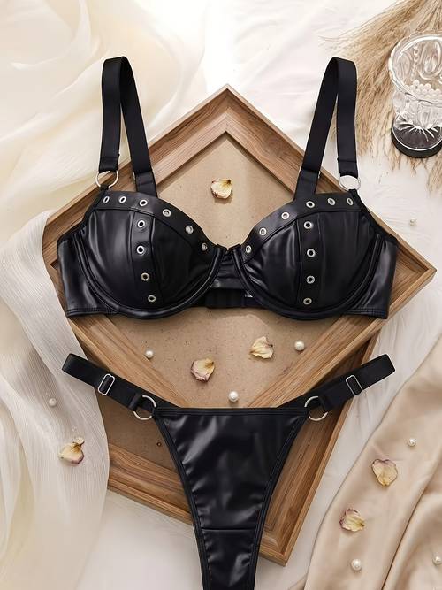 european and glossy pu lingerie set hollow eyelet design for a underwire push up bra with set