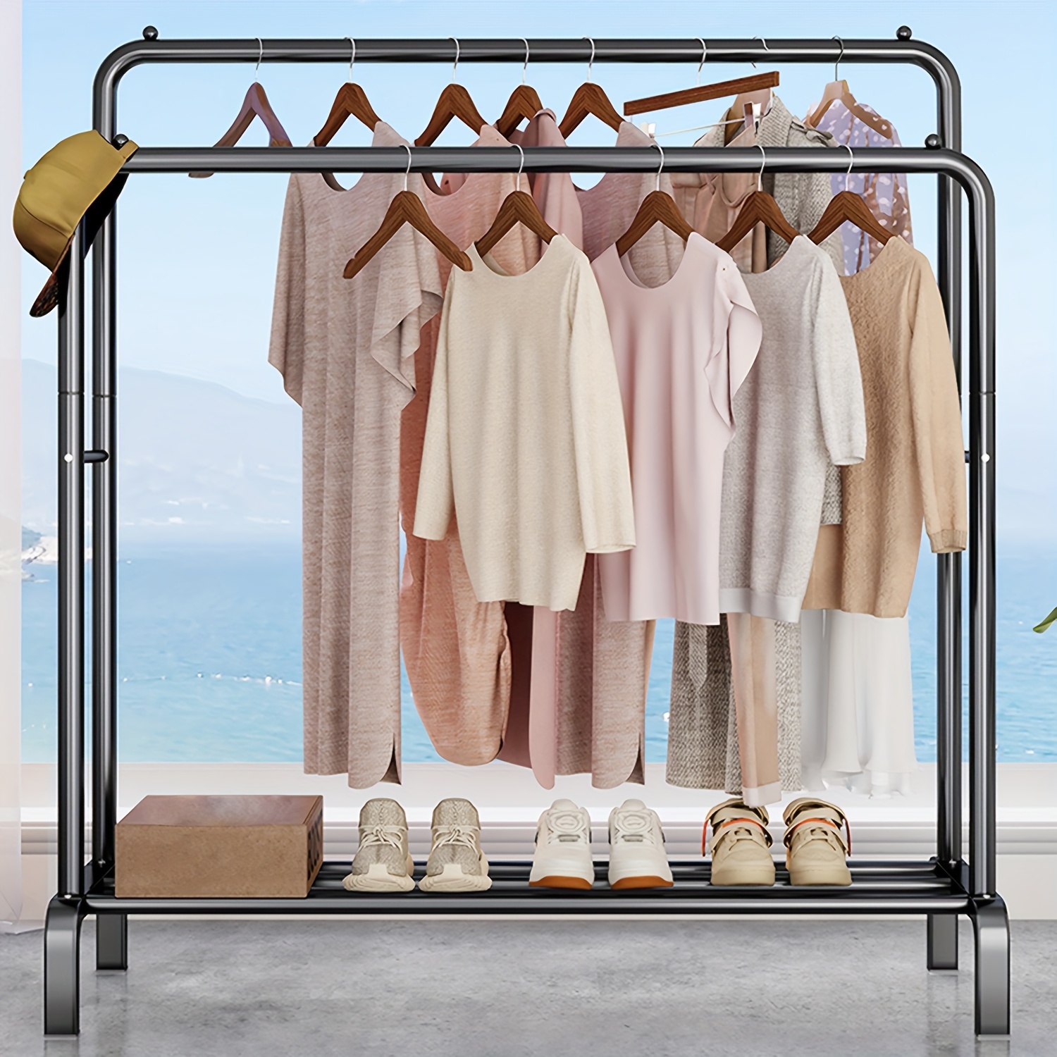 Moderno y simple colgador de ropa para colgar ropa, con estante de madera  de 2 niveles, barra para colgar ropa, zapatos, bolsas, estantes para