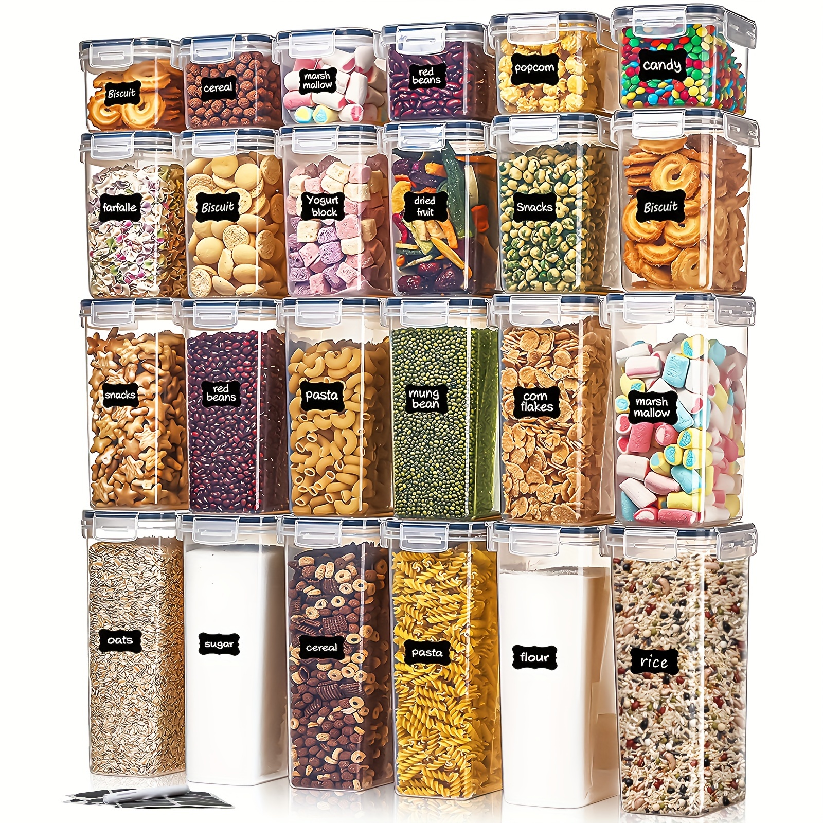 TEMU 24pcs Airtight Food Storage Containers With Lids, Plastic Kitchen And Pantry Organization Canisters For Cereal, Dry Food, Flour And Sugar, Bpa Free, Includes 24 Labels And 1 Marker Pen