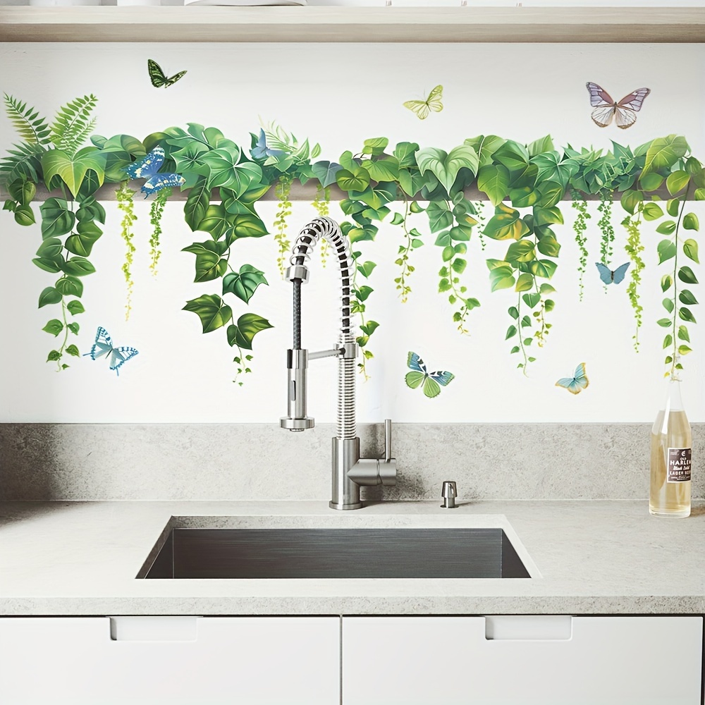Image of Art Deco Style Leaf And - 15.3x35.4 Inch Green Plant Wall Stickers, Self-adhesive Semi-glossy Plastic Decor For Living Room, Study, Multi-surface Installation, Single Use