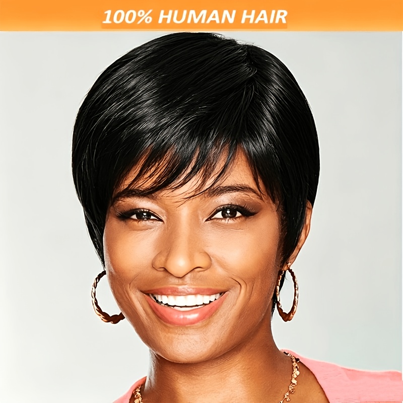 TEMU Perruque Chic pour Femme Coupe Courte 150 % de , Cheveux Humains Raides, Perruque Noire Style Entièrement à pour un