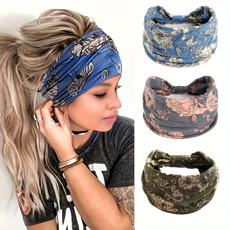 

Boho Floral Headbands For Women And Girls, Elastic Knotted Turban Style, Stretchy Fabric Hair Bands In Leopard, Stripes And Solid, Elegant Bohemian Head Wraps