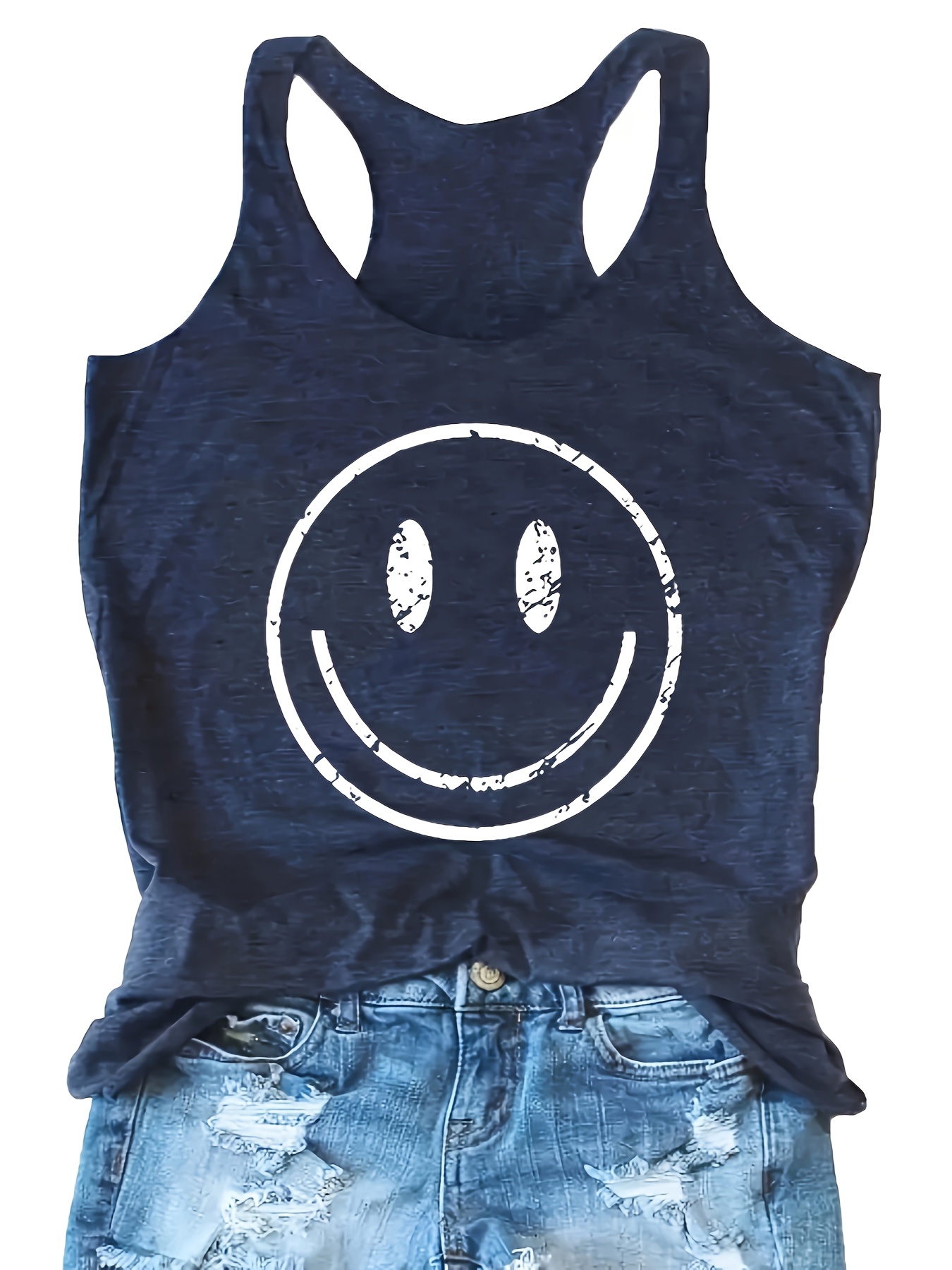 Smile Print Crew Neck Tank Top, Casual Sleeveless Tank Top For Summer, Women's Clothing