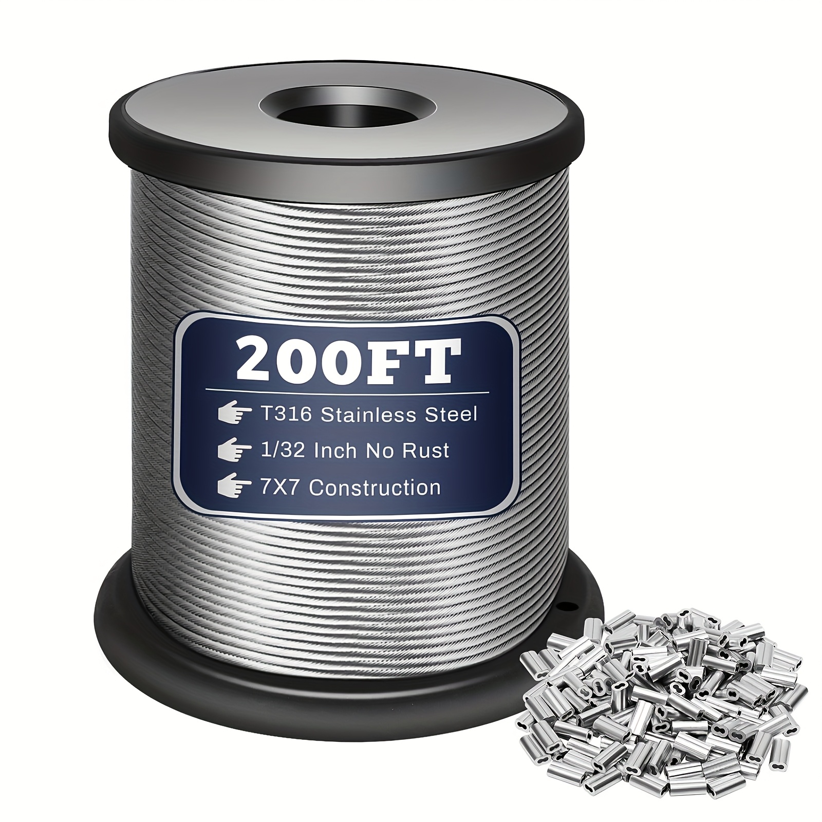 TEMU Werhoo T316 Stainless Steel Cable, 100/200/400/600/1000ft 1/32in Wire Rope With 25/50/100/150/250pcs Aluminum Crimping Sleeves For Garden