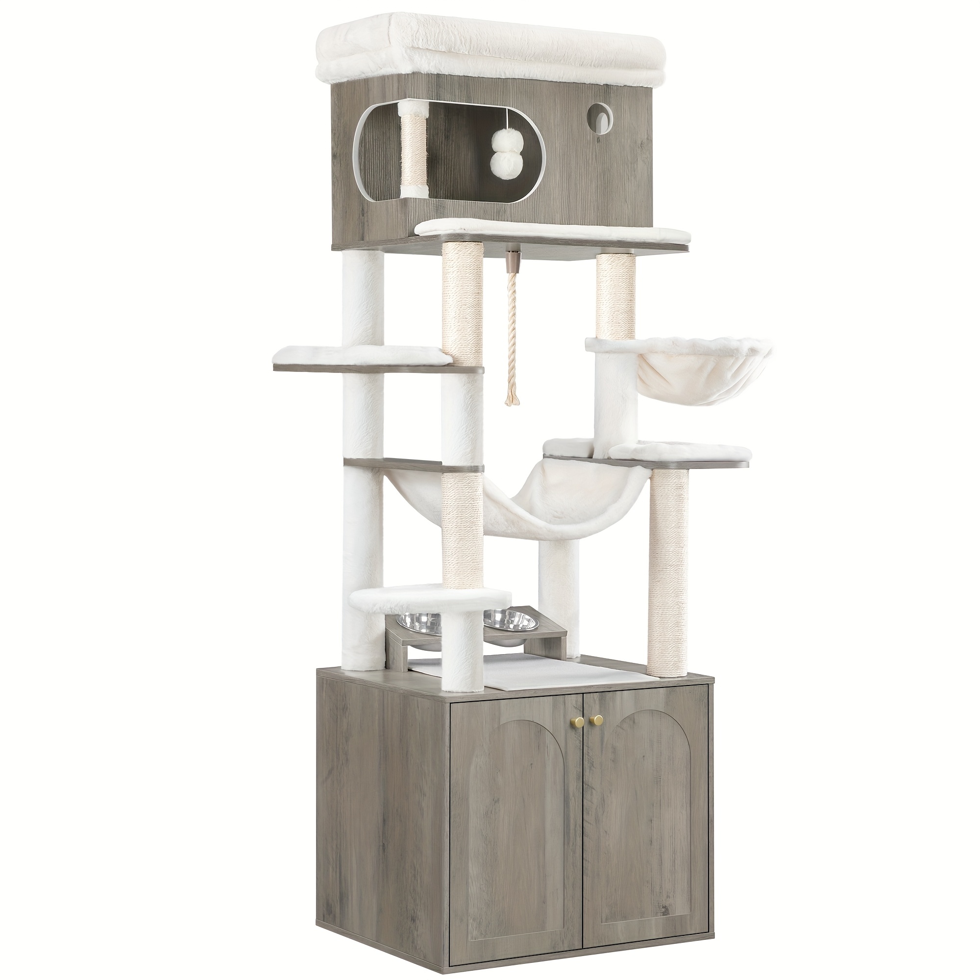 TEMU Cat Tree With Litter Box Cabinet, Feeding Station, 176cm High, With Large Platform, Sisal Rope, Hammock, Washable Cushion, Plush Balls