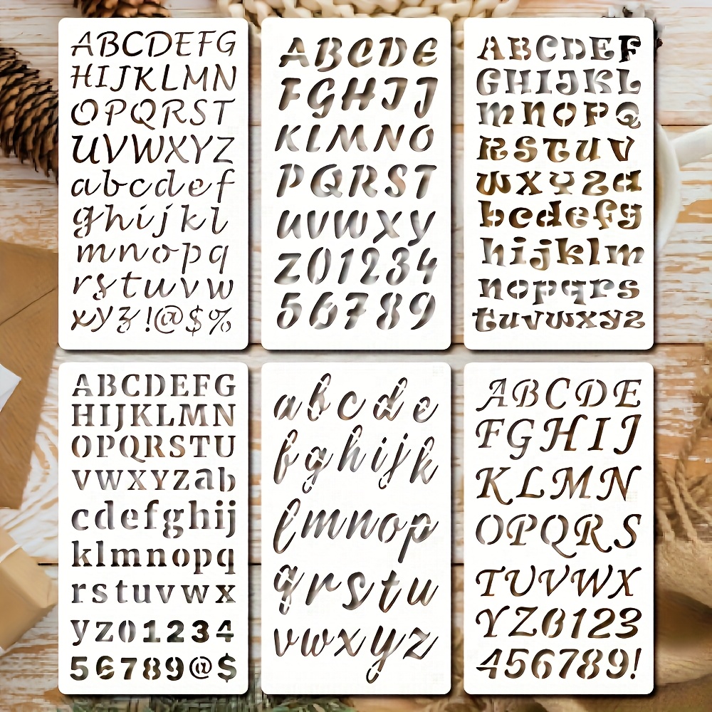 Image of 6pcs Reusable Letter And Number Painting Stencil Set, For Hand Tracing, Creative Coloring, Painting, Drawing, Journaling, Scrapbooking, And Crafts, Made Of Milky White Pet Plastic - Fonts And Designs