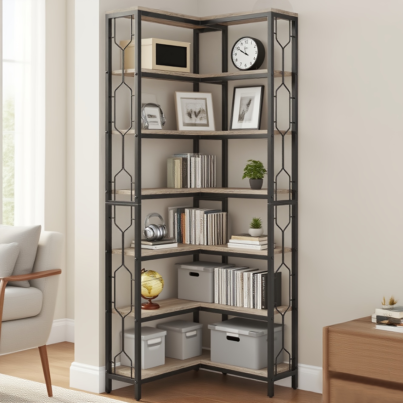 7-Tier Industrial Corner Bookshelf | Hexagonal Etagere Bookcase