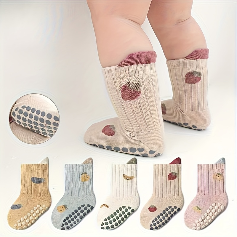 Image of Baby Socks For Learning To Walk 5 Pairs, Anti-slip Soft Sole Floor Socks, Cartoon Fruit Pattern, Breathable Foot Protection For